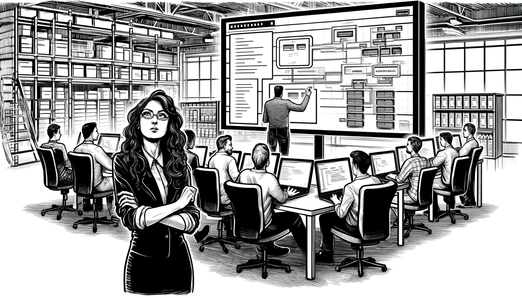 A woman software development manager standing in front of a team of developers working on their laptops, looking puzzled, while a consultant points to a screen displaying the blueprint of an inflexible warehouse management system.