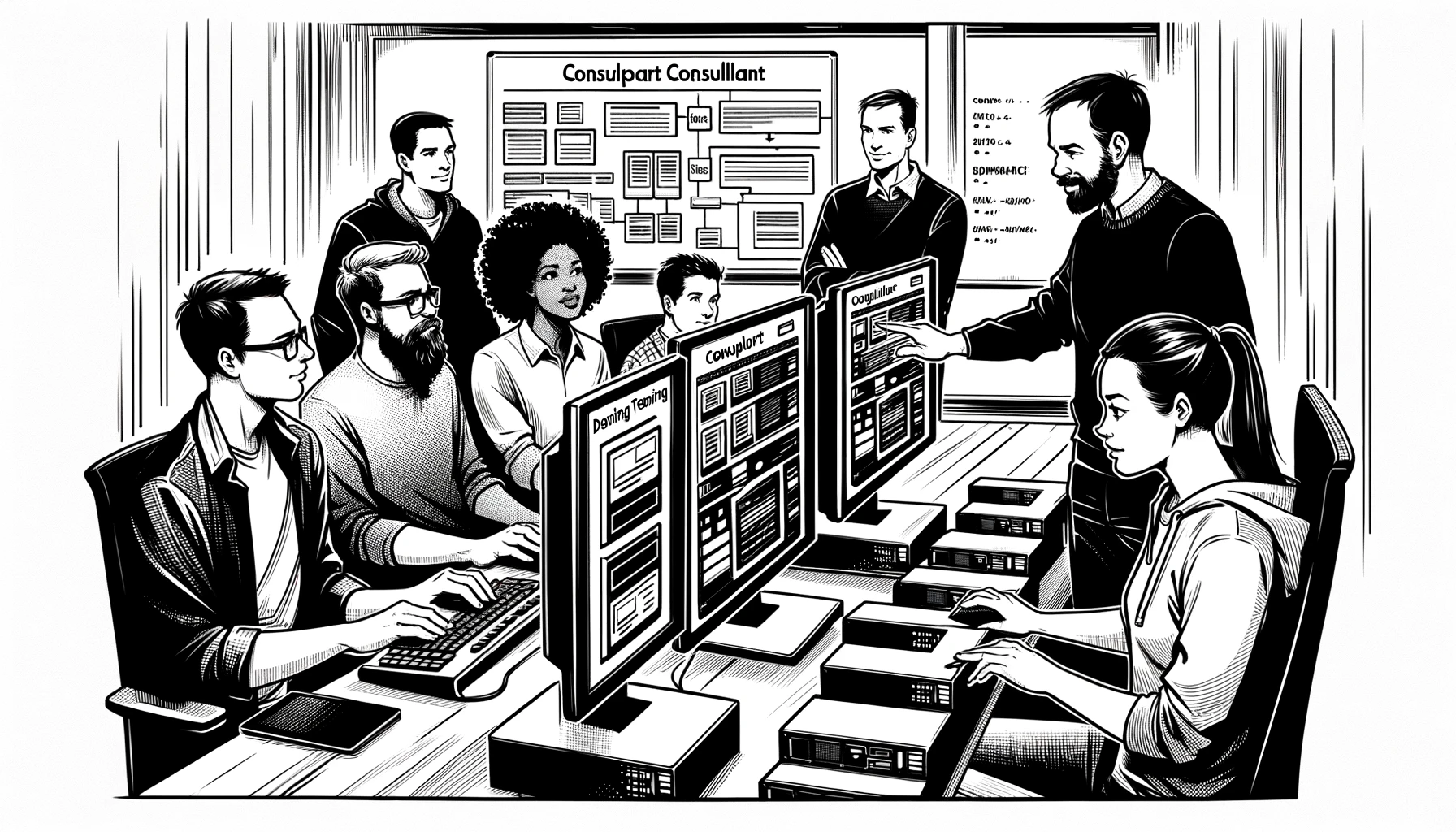 A training session showing software developers learning to operate different modular systems while the consultant leads the training.